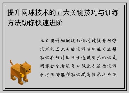 提升网球技术的五大关键技巧与训练方法助你快速进阶