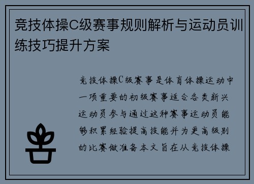 竞技体操C级赛事规则解析与运动员训练技巧提升方案